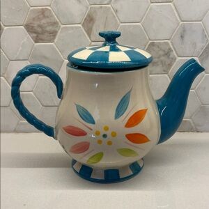 Temptations by Tara Old World Blue Floral Checkered Tea Pot